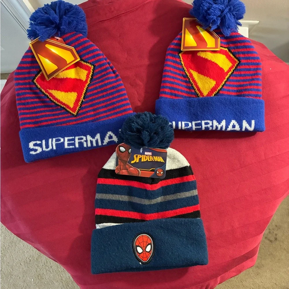 NWT Bundle: Marvel Spider-Man & DC Superman Pom Beanies - 3 Pack - Picture 2 of 7